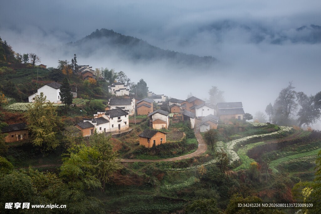 山间雾绕村落美景