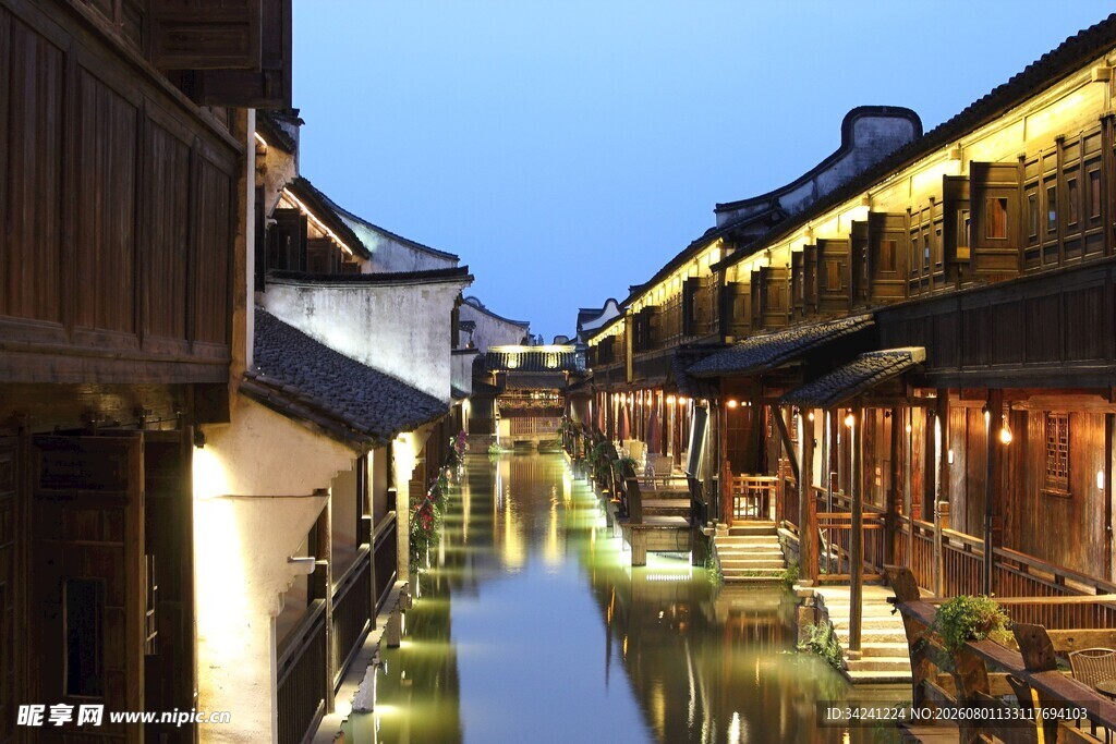 江南水乡夜景古巷流水人家