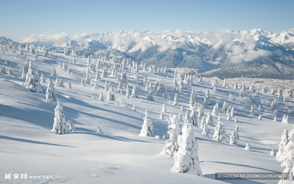 雪覆山林远处雪山壮丽