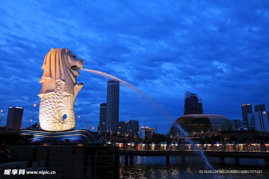 新加坡鱼尾狮夜景风光