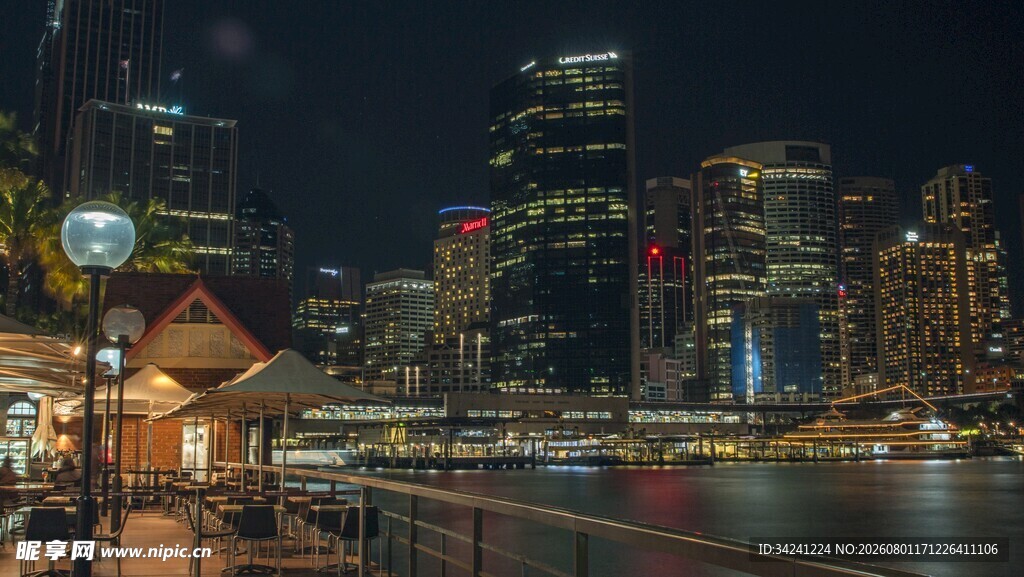 城市夜景下的河畔风光