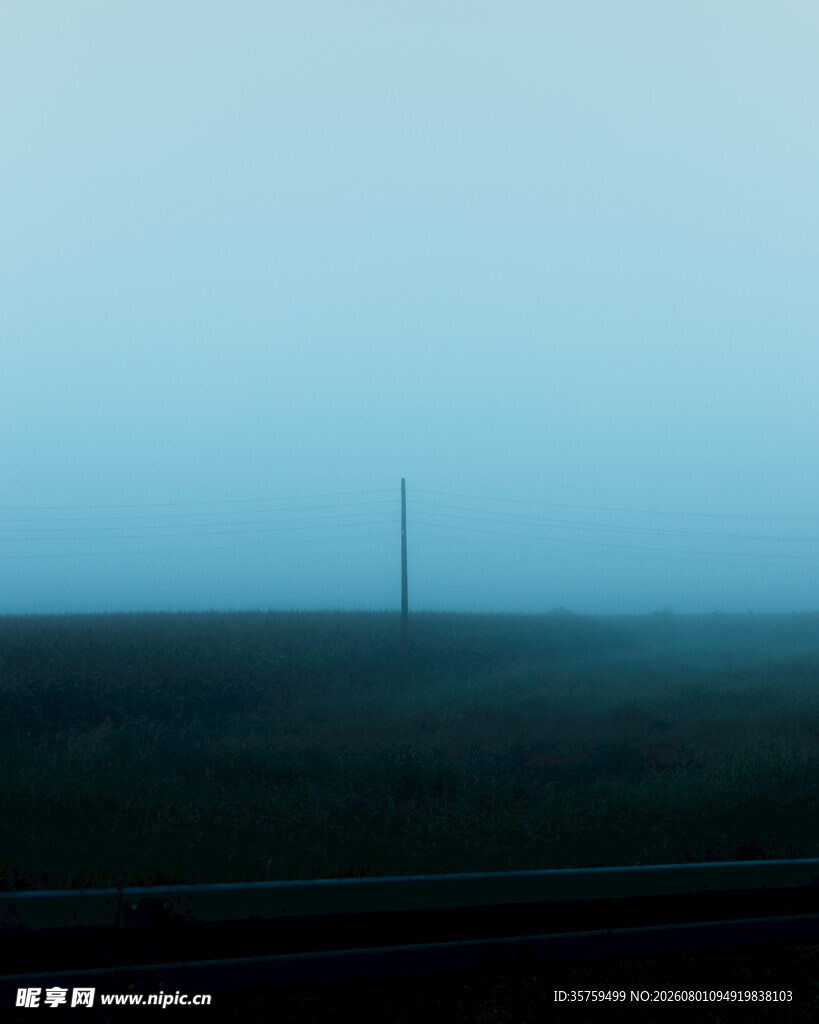 雾中旷野孤杆景象