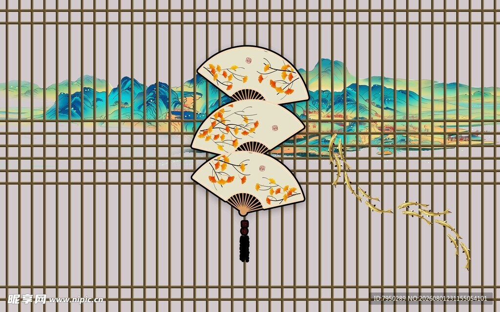 中式折扇山水装饰画
