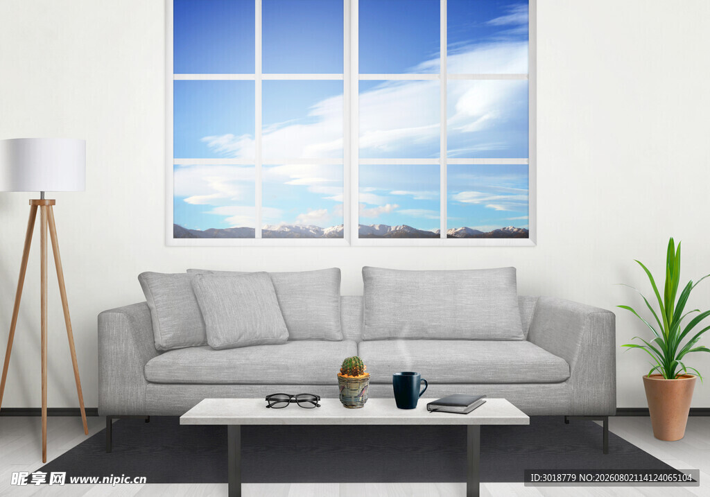 简约客厅沙发与窗外美景