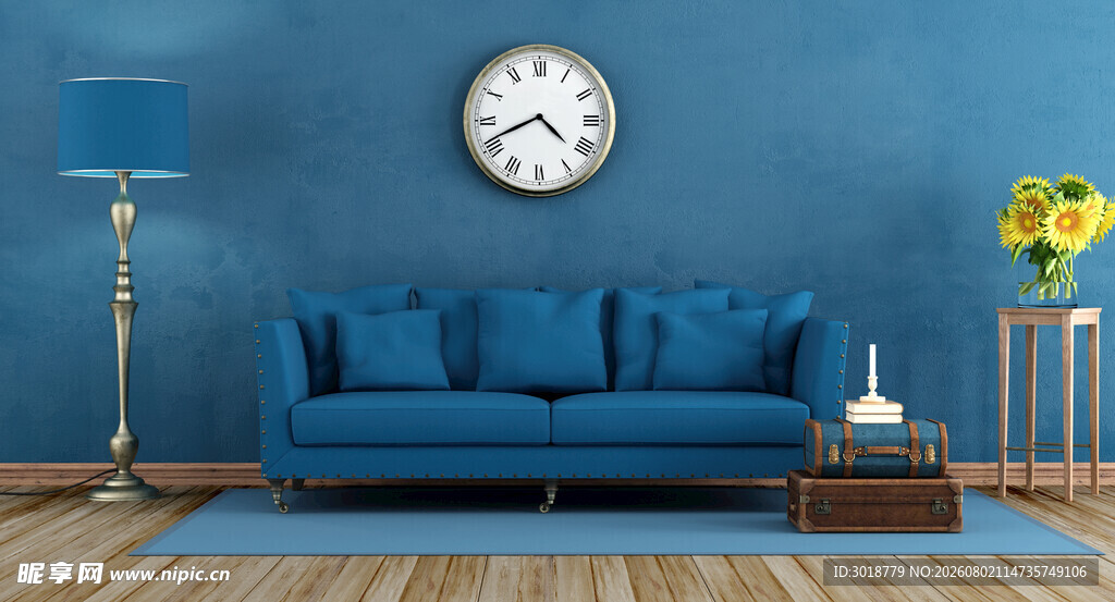 蓝色客厅沙发与装饰摆件