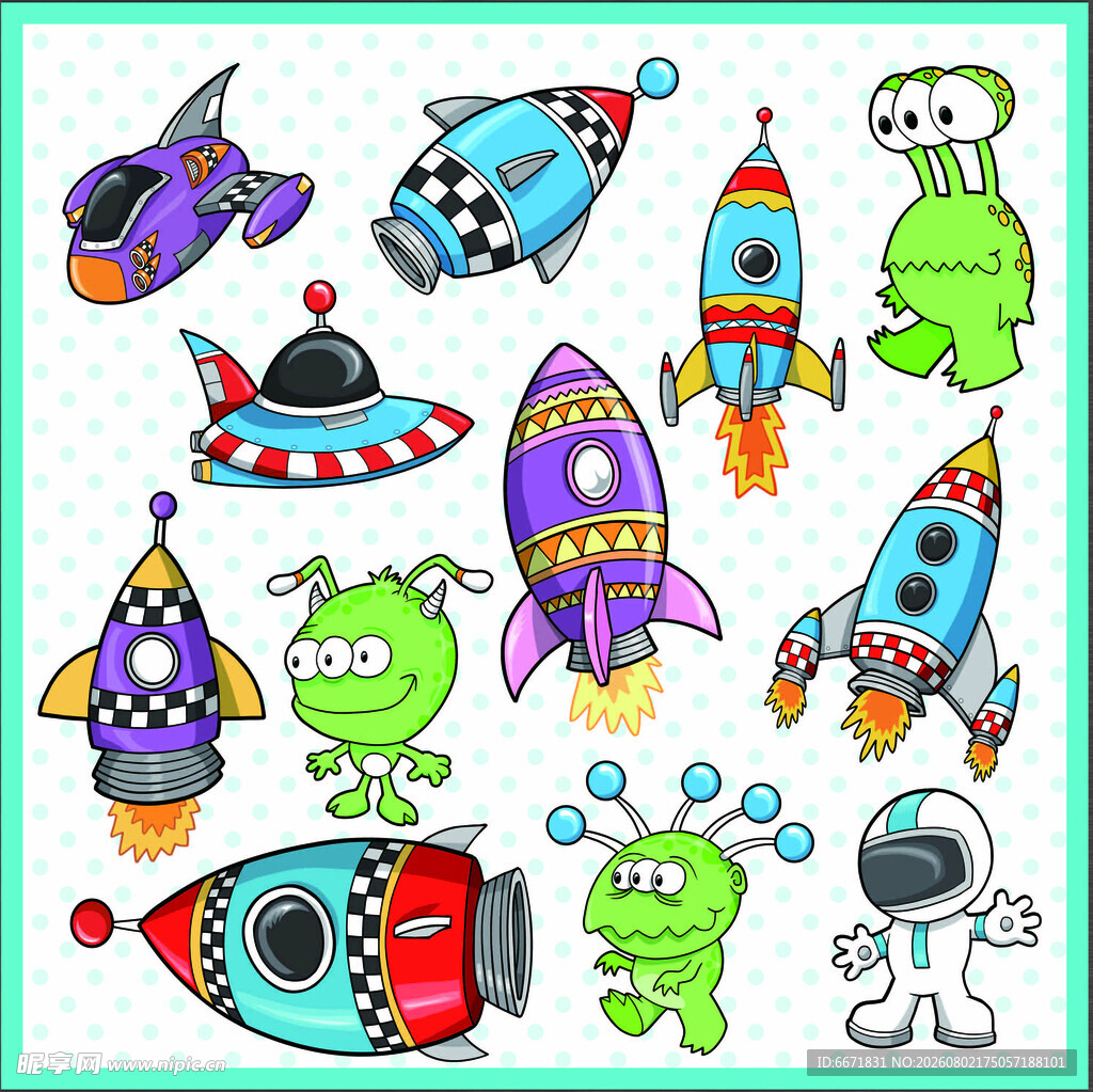 卡通风格外星人与火箭图案