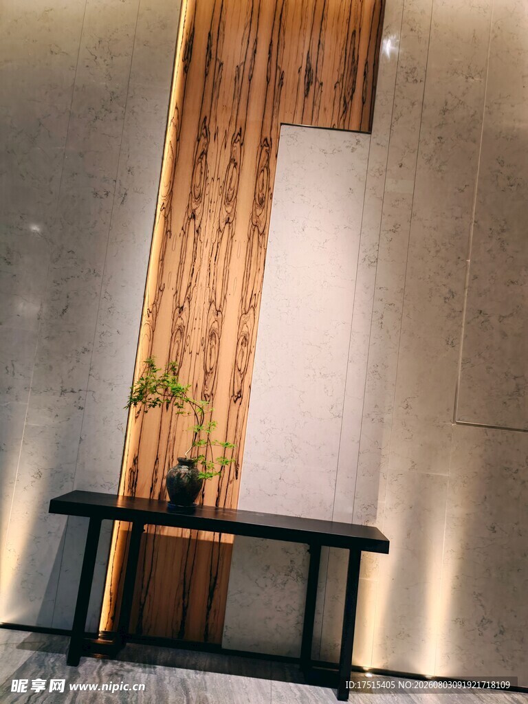 简约木质墙面搭配黑色边桌