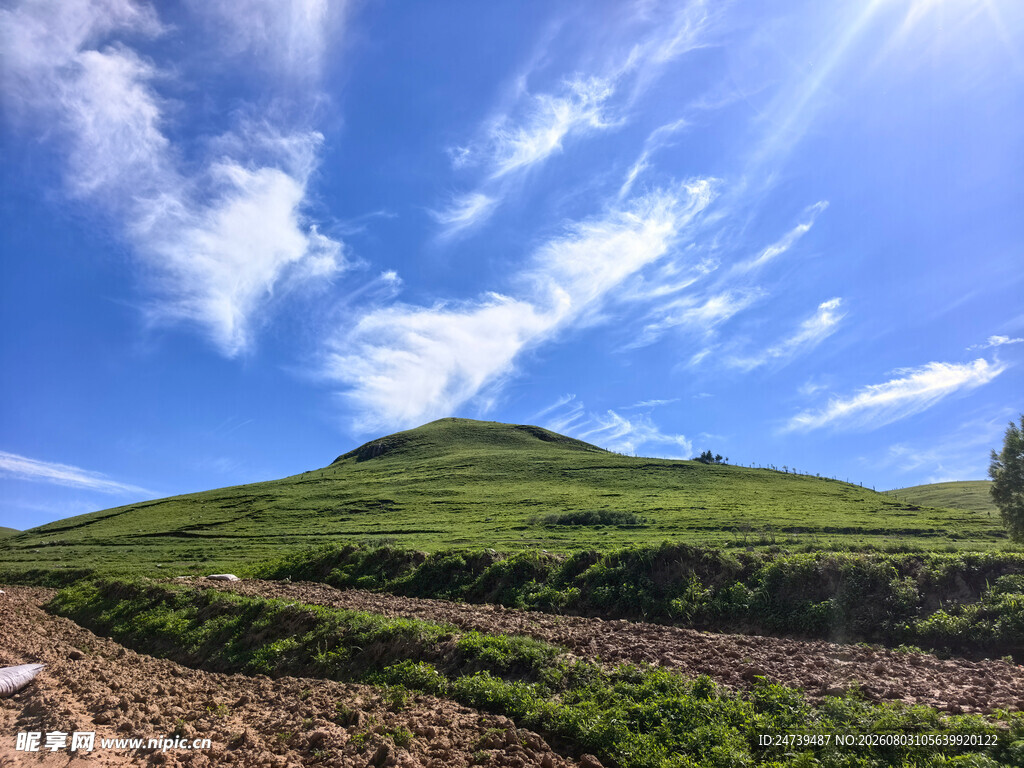蓝天白云下的翠绿山丘