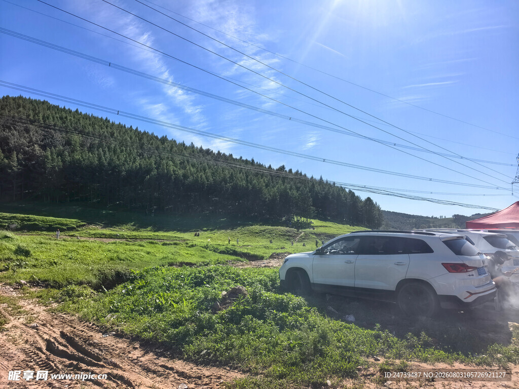 越野汽车驰骋于绿野山间