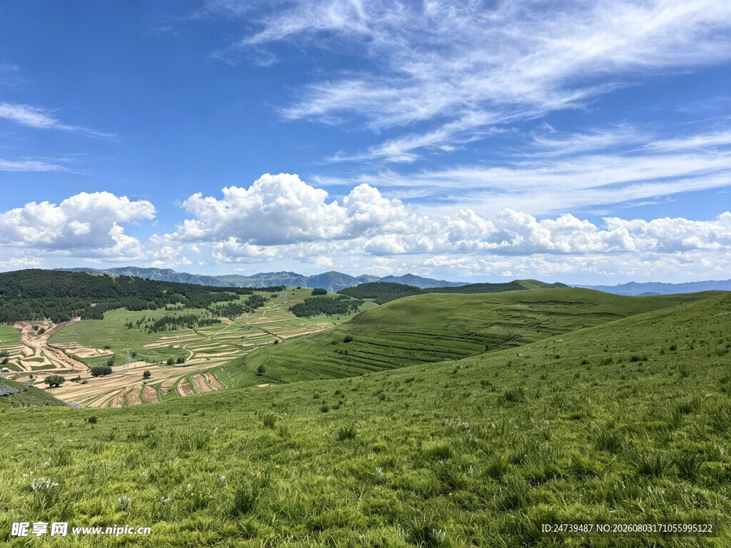 绿色山丘上的蓝天白云美景