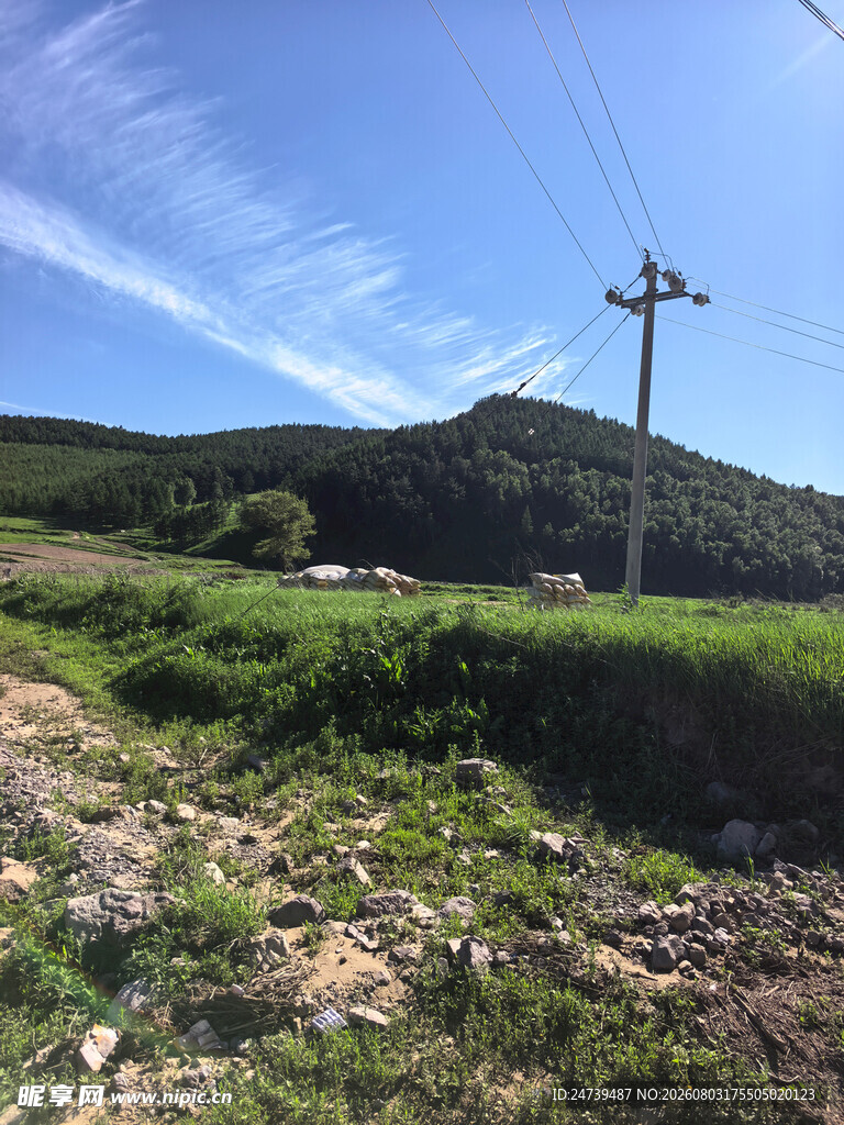 山间田野与电线杆风景