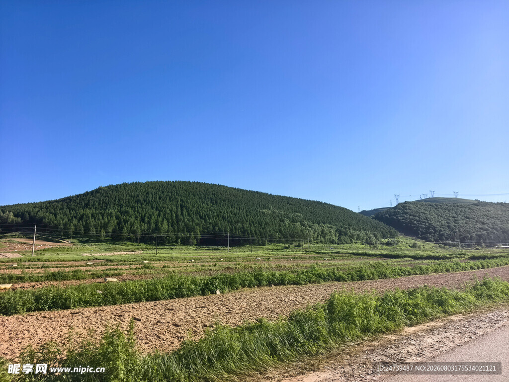 乡村田野间的公路与青山