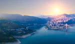 夕阳下的山水城市美景