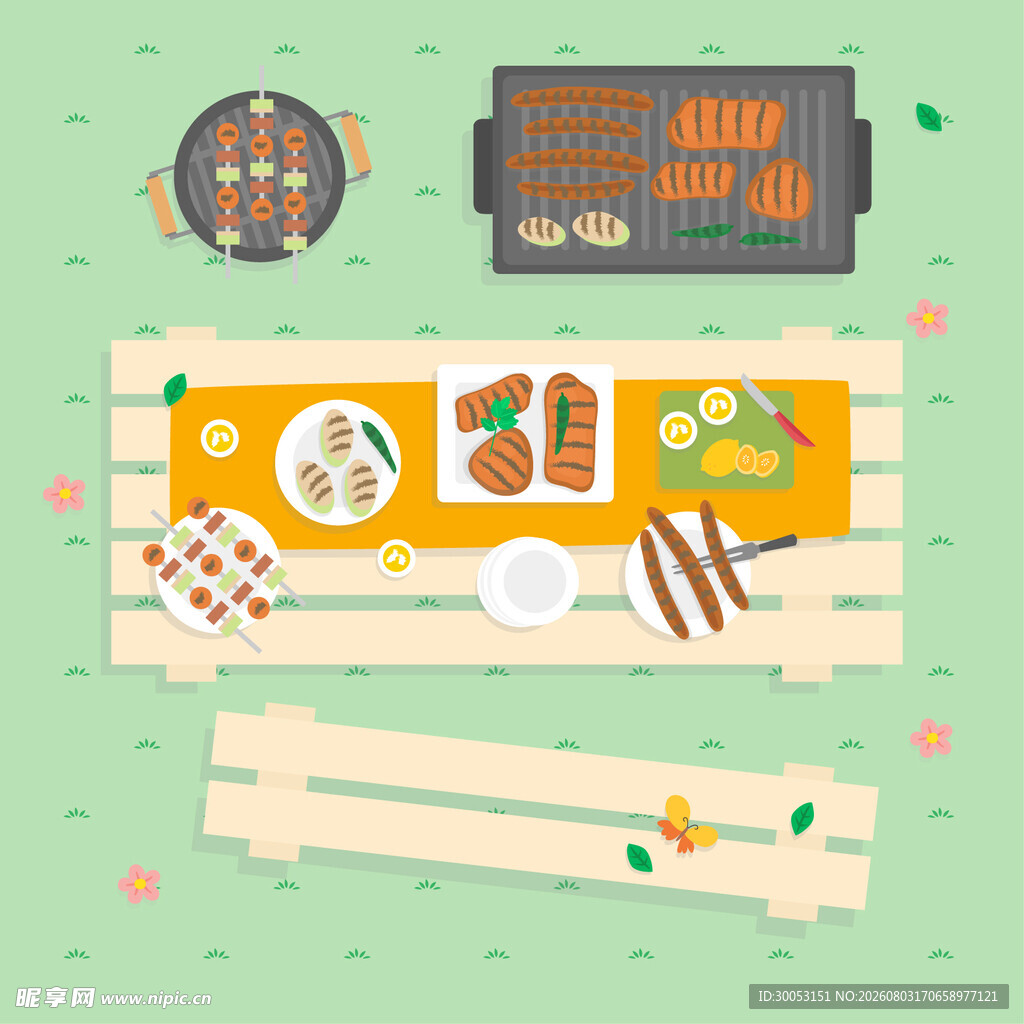户外野餐烧烤场景插画