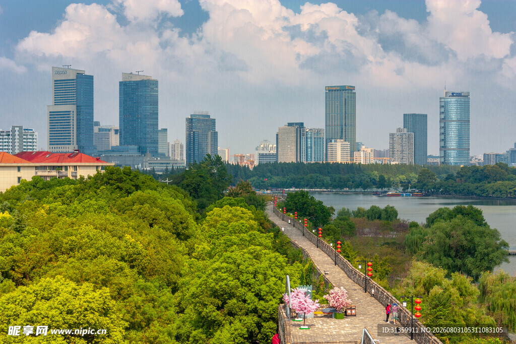 城市湖畔绿意盎然风景图