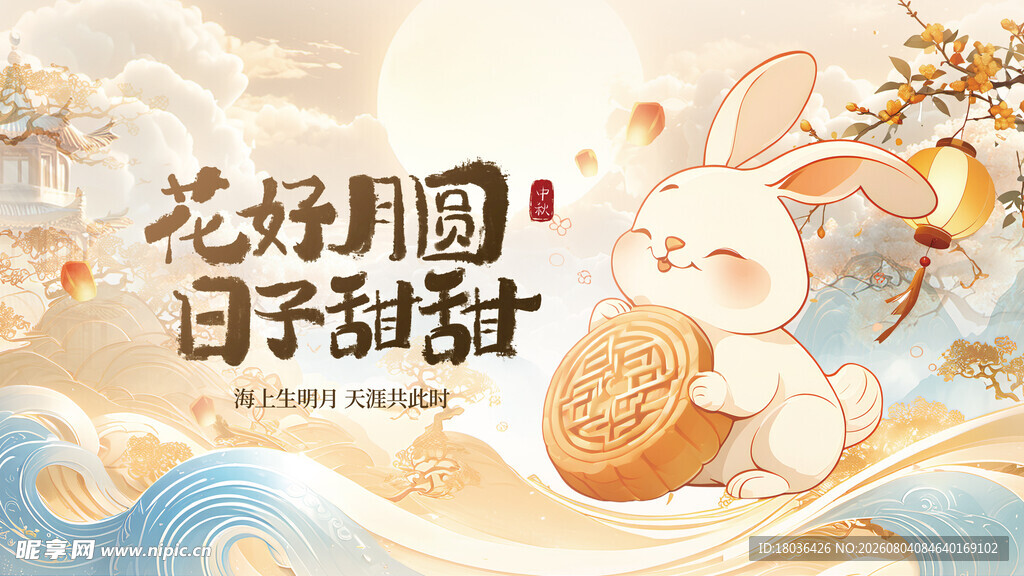 花好月圆兔子甜蜜插画