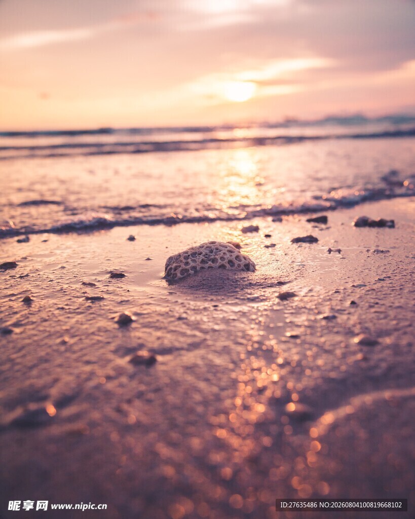 夕阳下的海滩与晶莹冰块