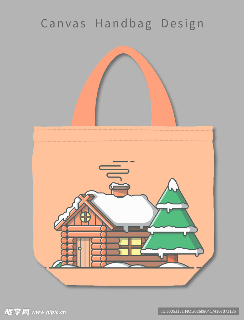 冬日小屋图案帆布手提袋