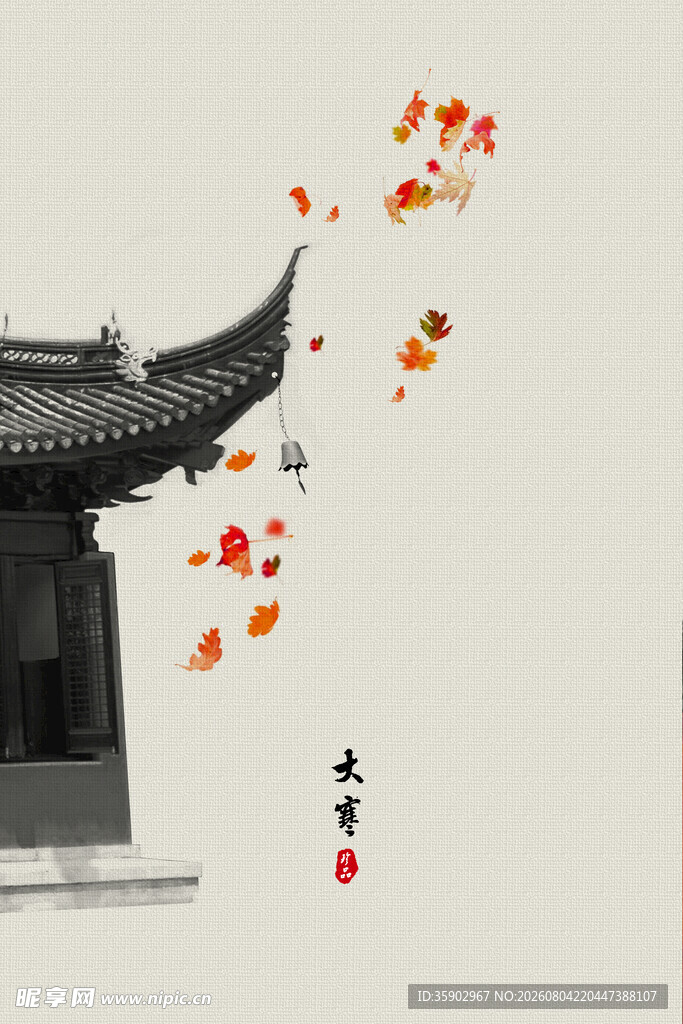 中国风中式屋顶树叶背景
