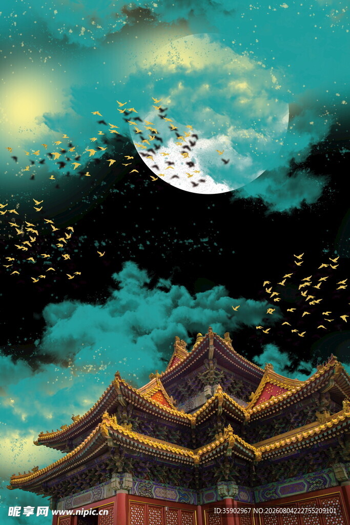 古风月夜下的中式古建筑