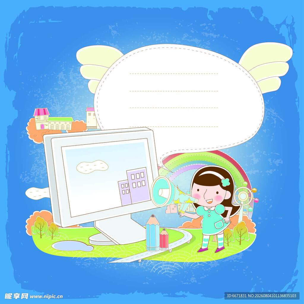 女孩与电脑的创意插画世界