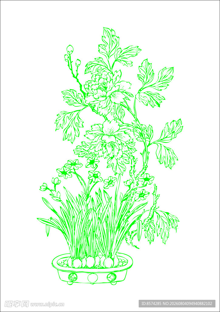 中国 古典绿色盆栽植物线条插画
