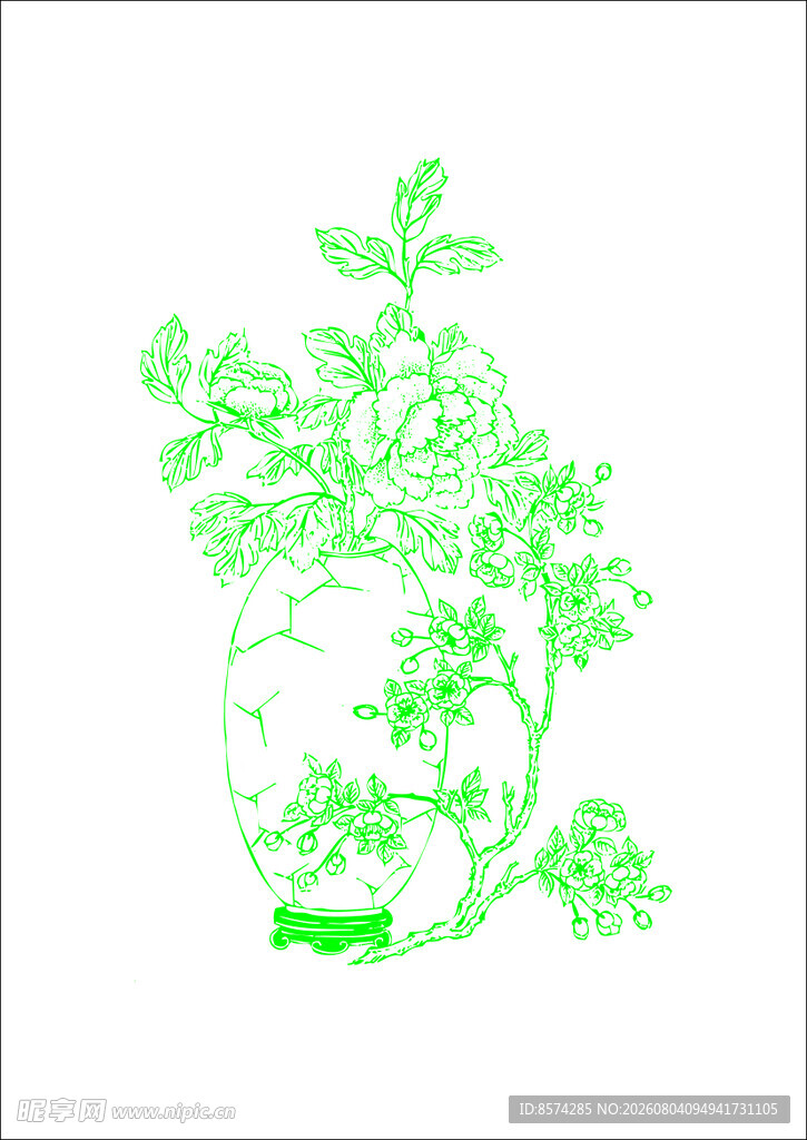 中国 古典 绿色植物盆栽线稿图