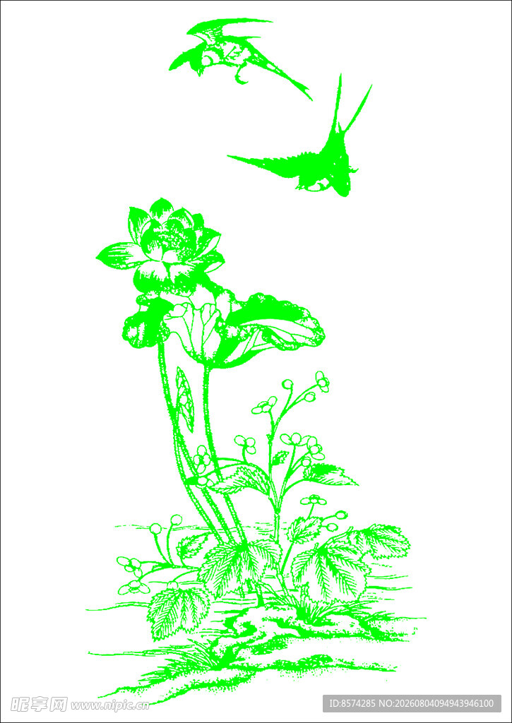 中国古典荷花草与飞鸟图案
