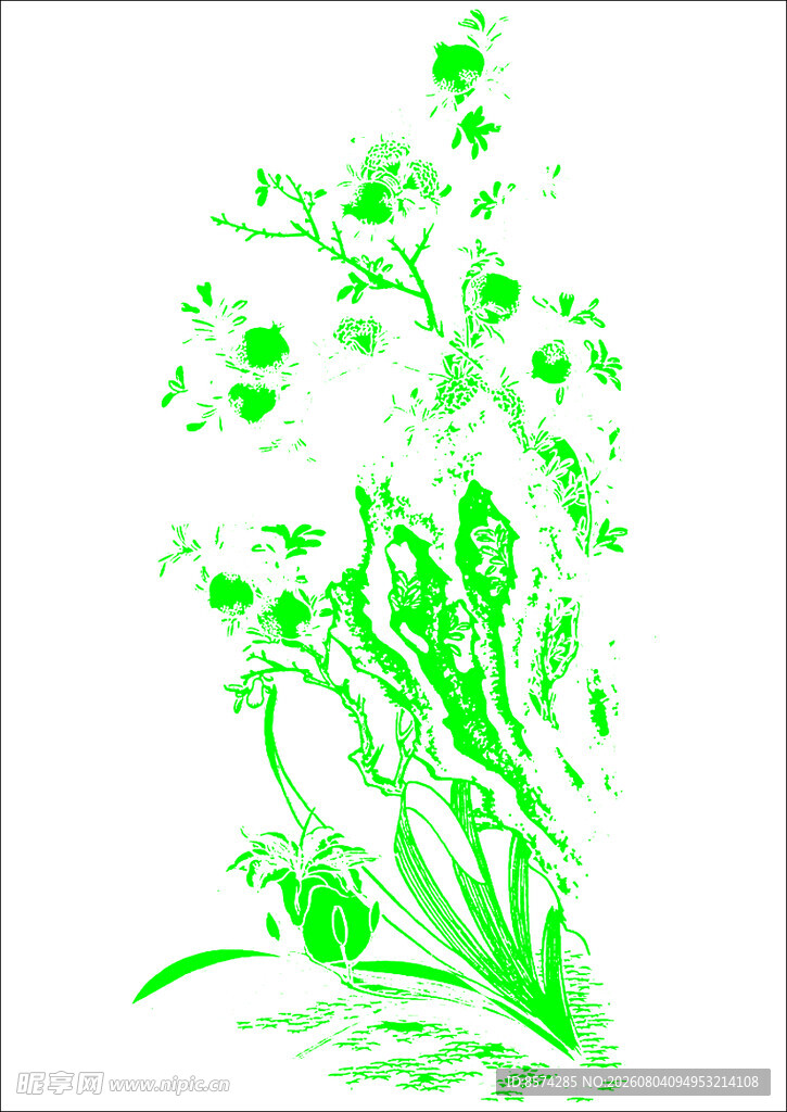中国古典绿色花卉植物矢量插画