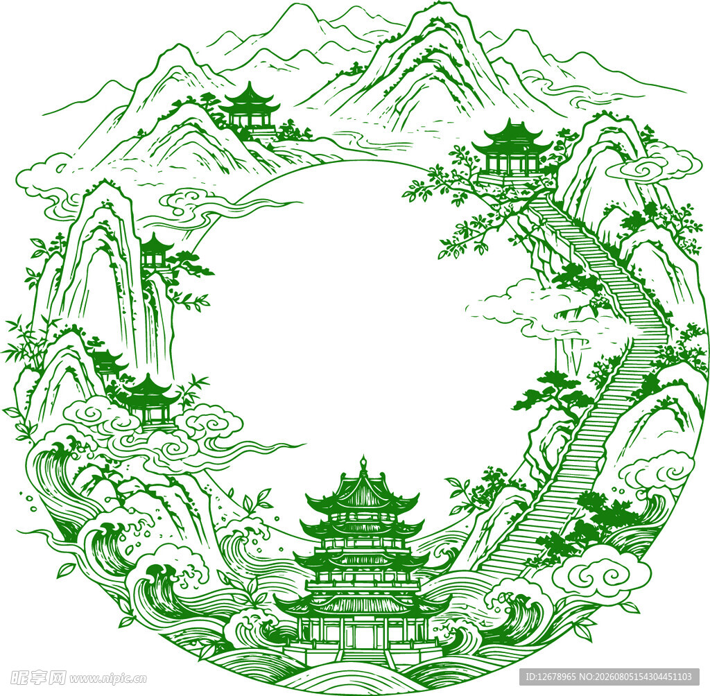 中式山水圆形边框图案