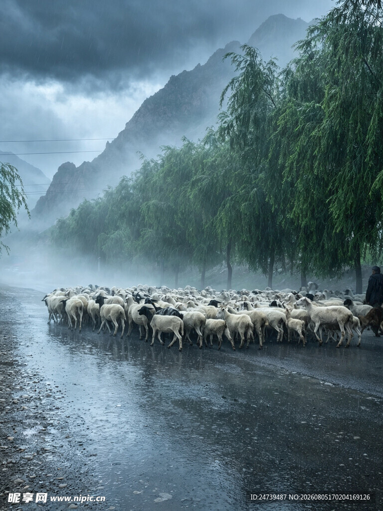 雨中牧归羊群穿行山间路