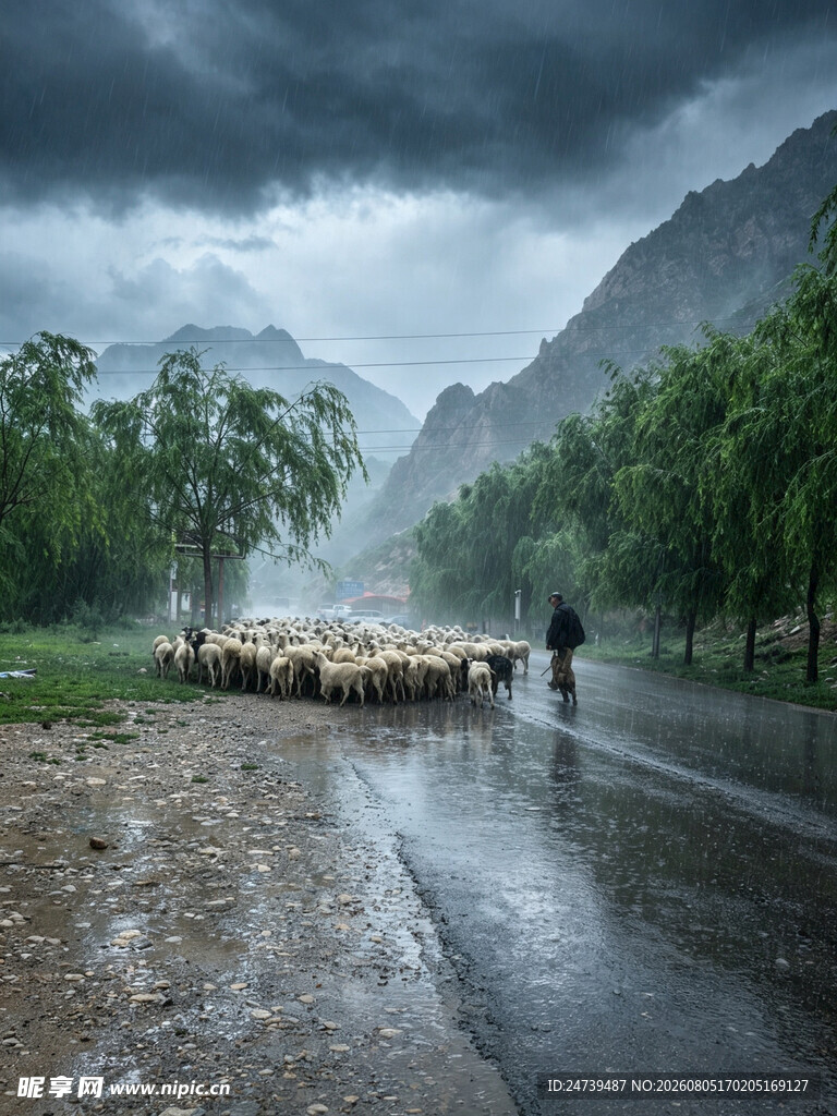 雨中牧归图