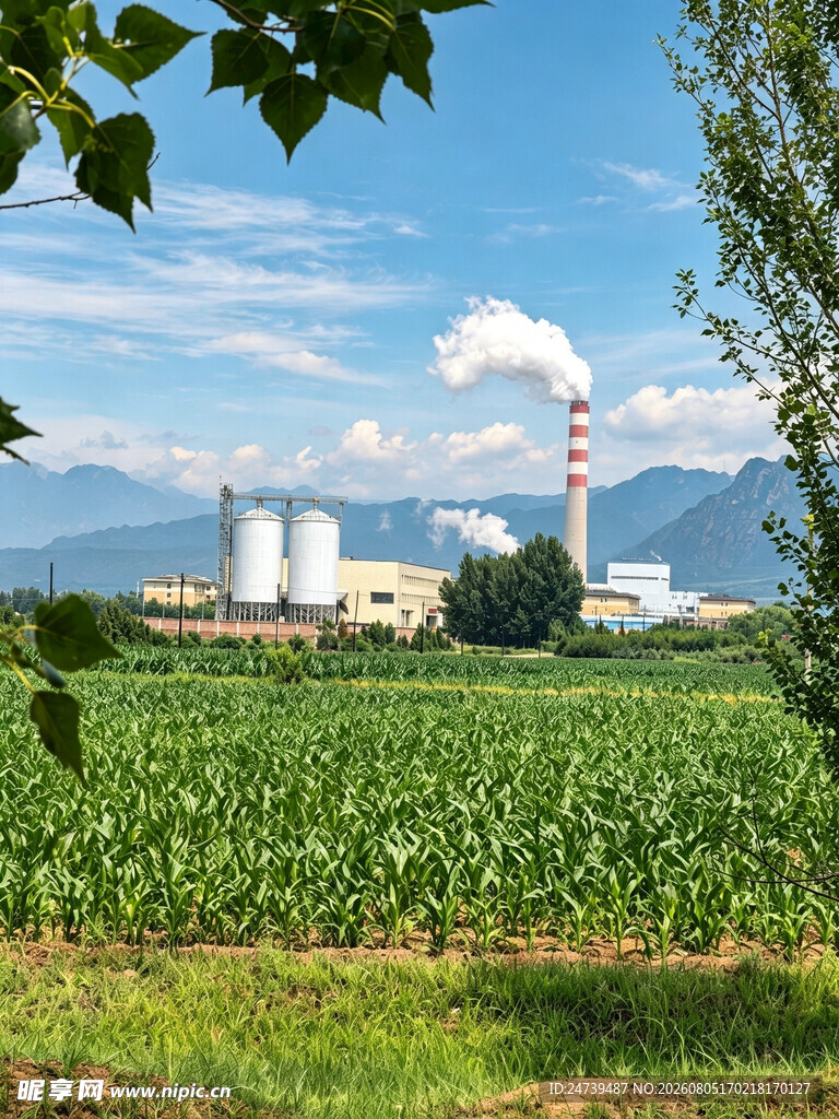 田野边的工厂与远山景色