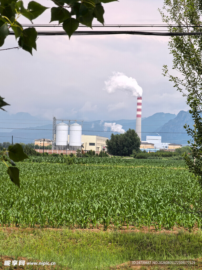 田野边的工厂烟囱景观