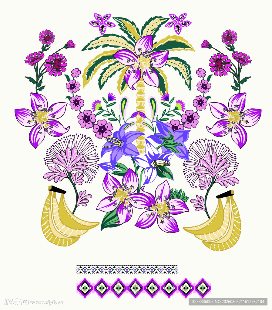 紫色花卉香蕉刺绣图案