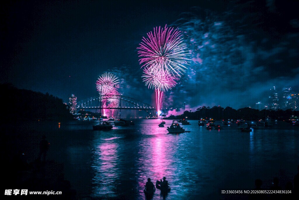 夜放烟花映水畔美景