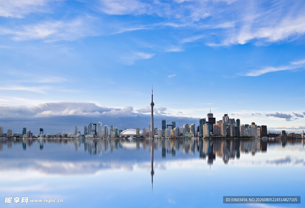 城市天际线与湖面倒影美景