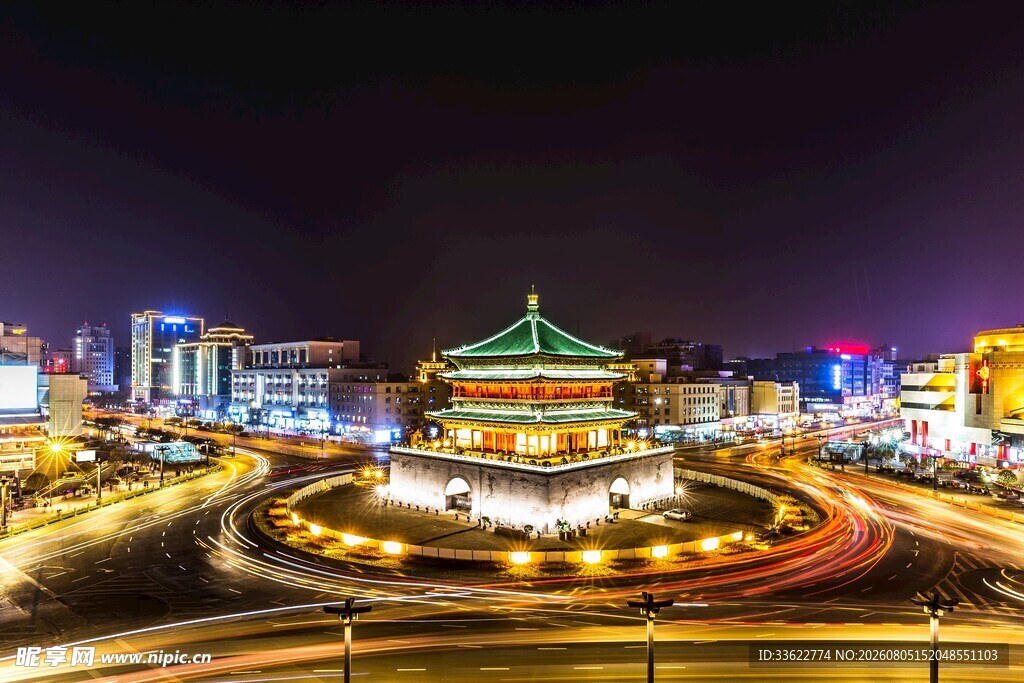 西安钟楼夜景璀璨夺目