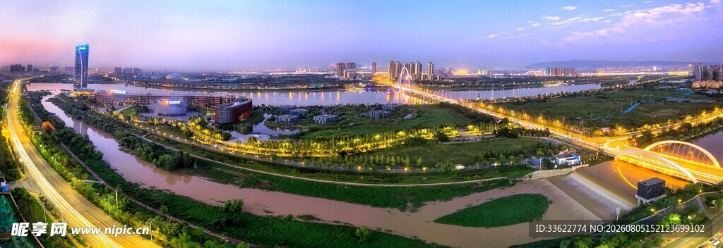城市黄昏河畔美丽夜景