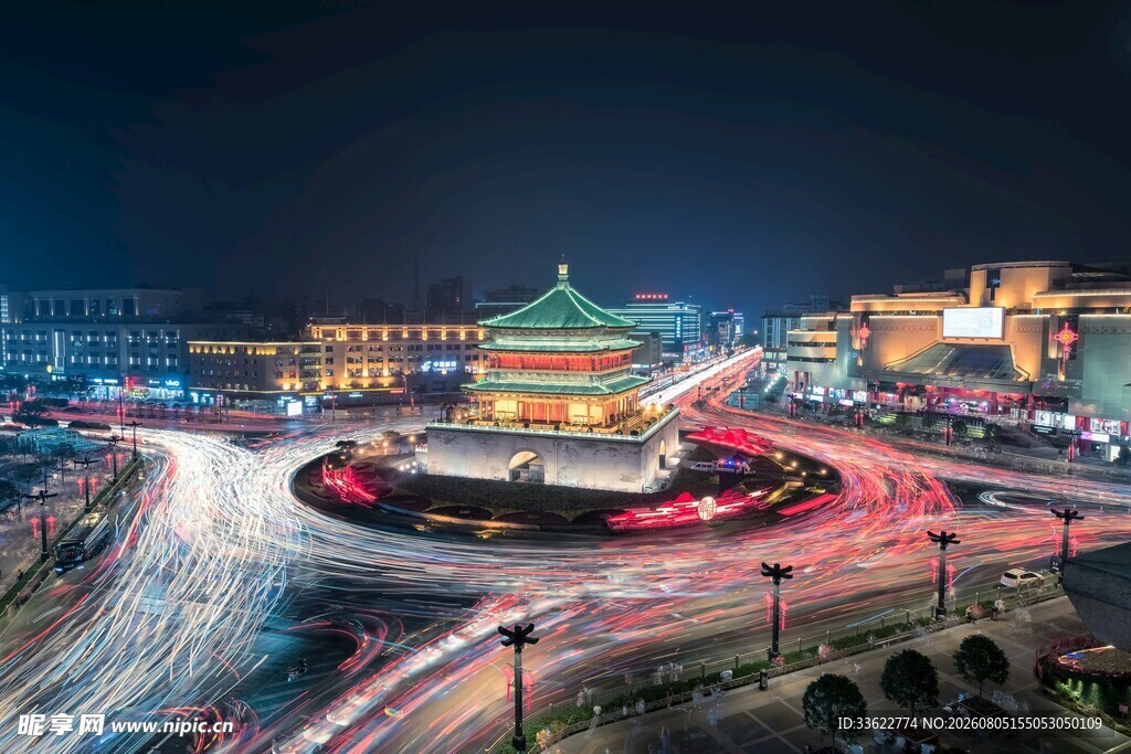 西安钟楼夜景车流景观