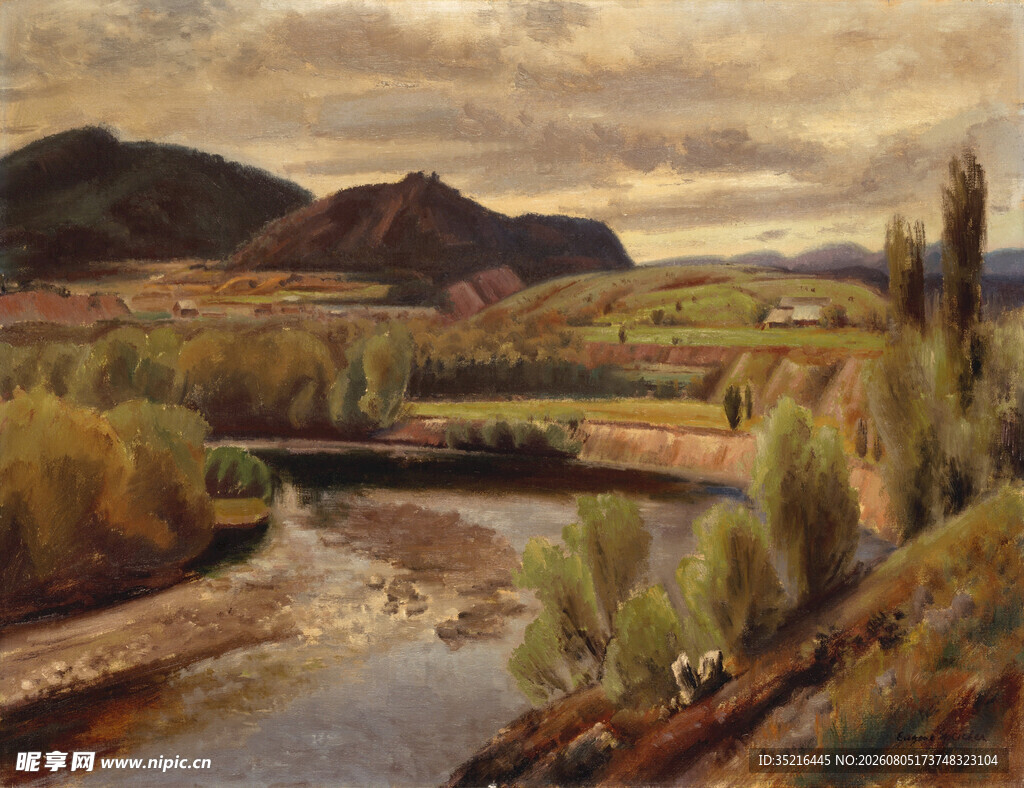 乡村河谷风景油画