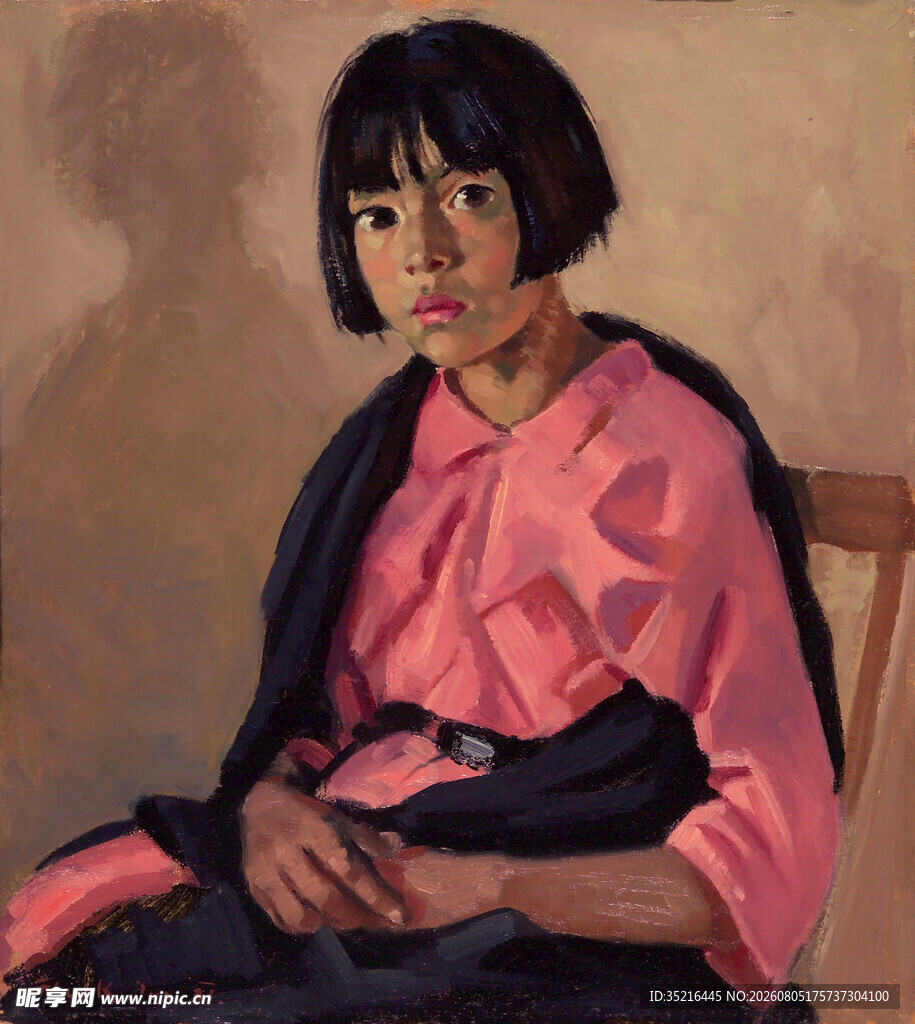 粉色上衣女孩的肖像画