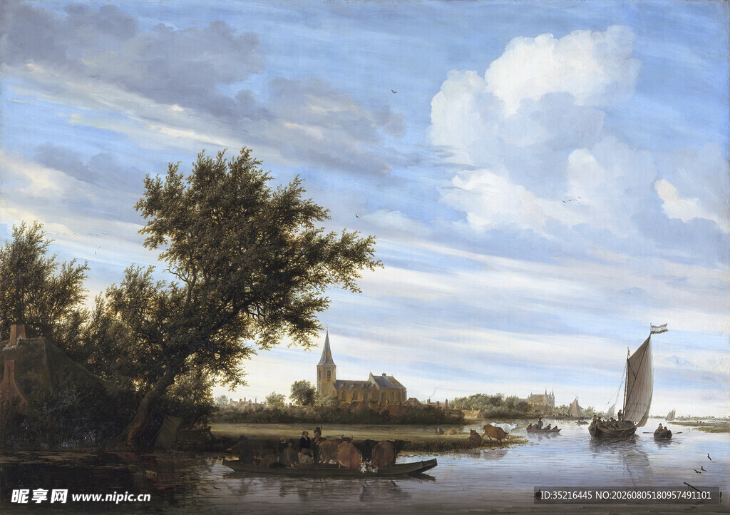 河畔风景油画