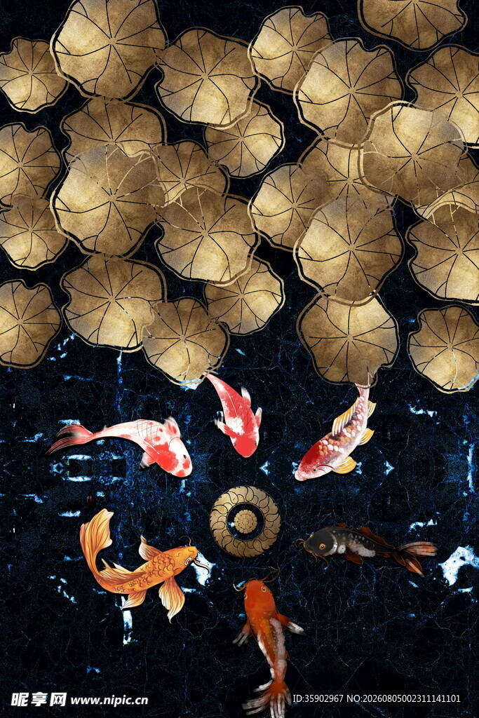 锦鲤游弋于金色莲蓬下