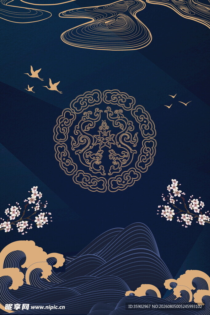 中式月夜祥瑞图案背景