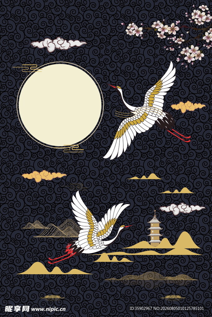 月夜双鹤图