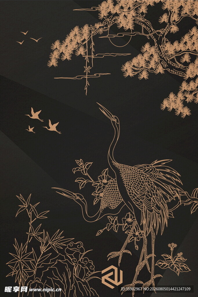 中式古风仙鹤植物插画