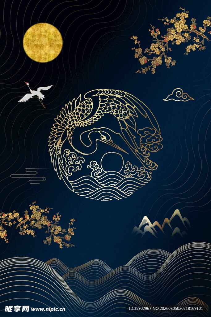 月夜瑞鹤祥云传统图景