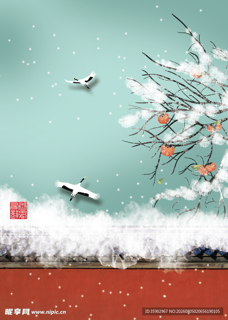 冬日雪景枝头飞鸟图