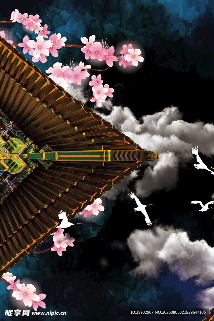 古风楼阁樱花飞鸟夜景图
